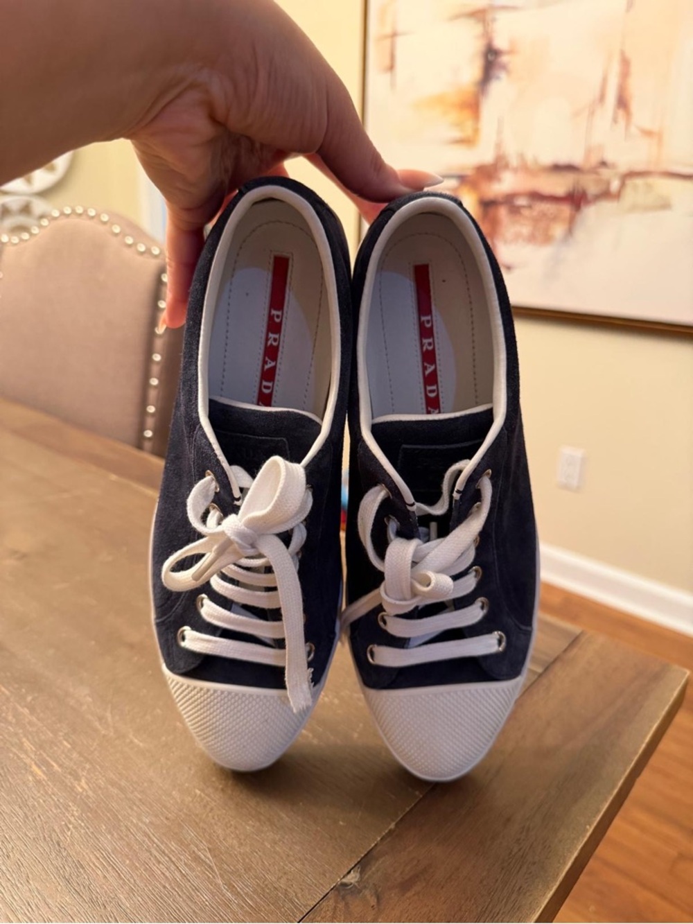 Prada Navy Suede Low-Top Sneakers with White Soles and Caps - Picture 2 of 3